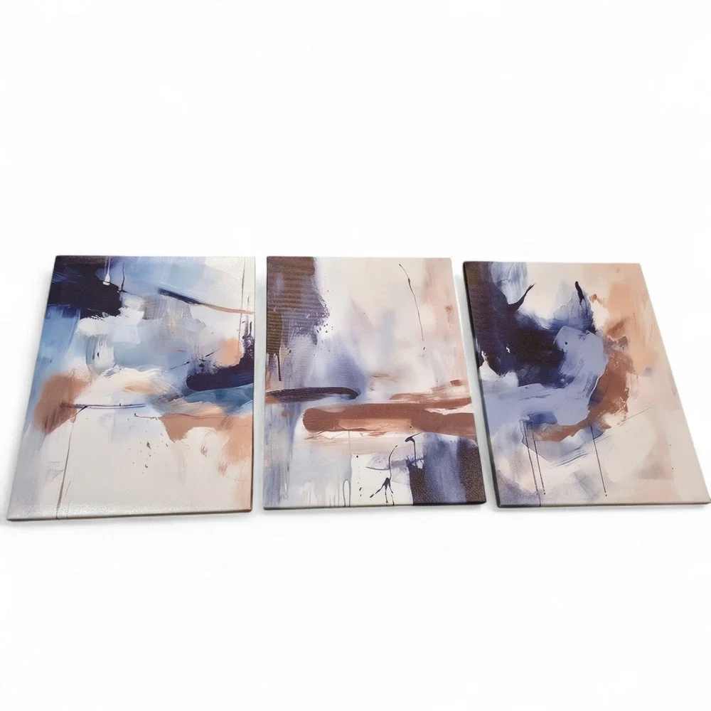 Abstract Navy Blue‎ and Tan Canvas Wall Art Triptych 3 Piece Set Modern Decor
